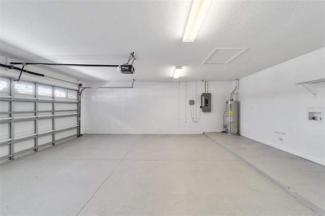 garage featuring a garage door opener, electric panel, and water heater