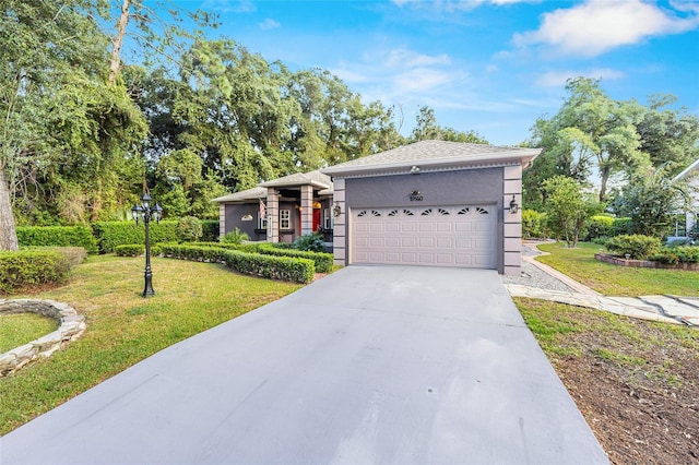 ranch-style house featuring a garage and a front yard