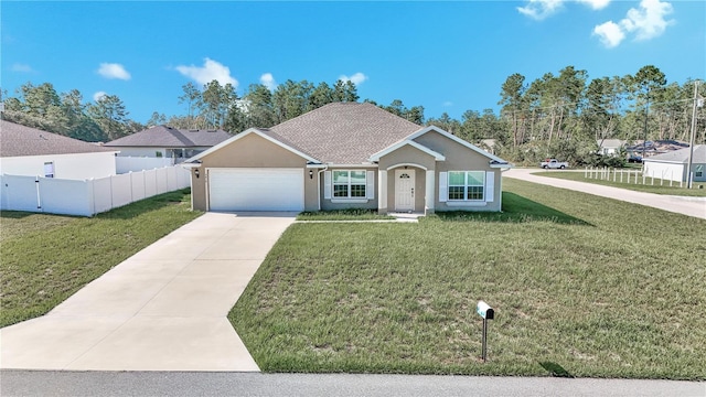 ranch-style house with a garage and a front lawn