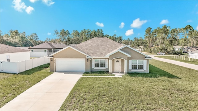 ranch-style house with a front yard and a garage