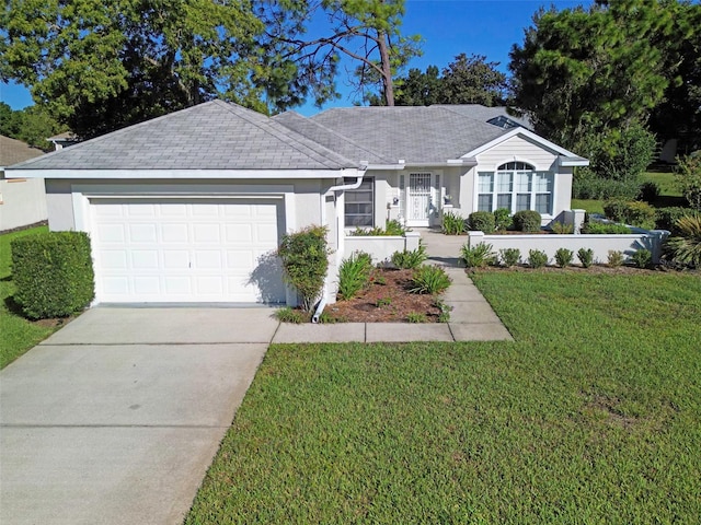 single story home with a front yard and a garage