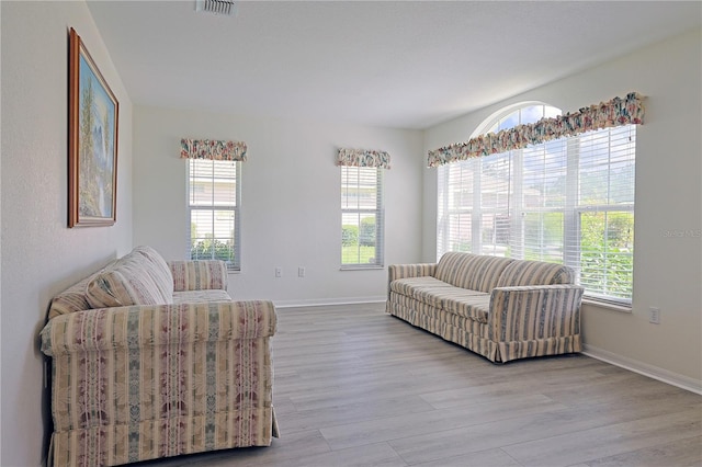 living room featuring light hardwood / wood-style floors and a healthy amount of sunlight