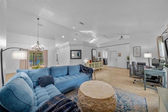 living room with light tile patterned floors, a chandelier, and vaulted ceiling