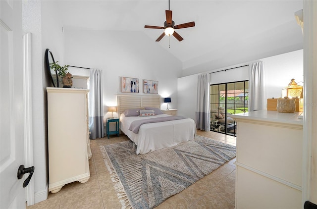 tiled bedroom with high vaulted ceiling and ceiling fan