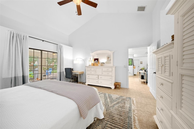 bedroom featuring ceiling fan, light tile patterned flooring, and high vaulted ceiling