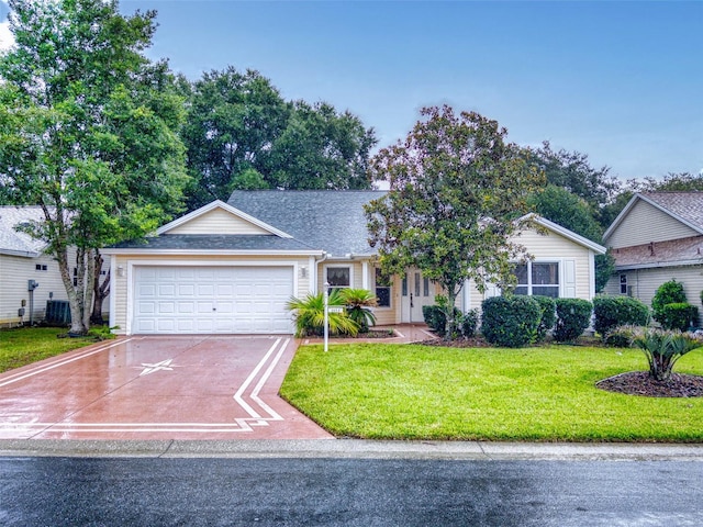 ranch-style home featuring central air condition unit, a front lawn, and a garage