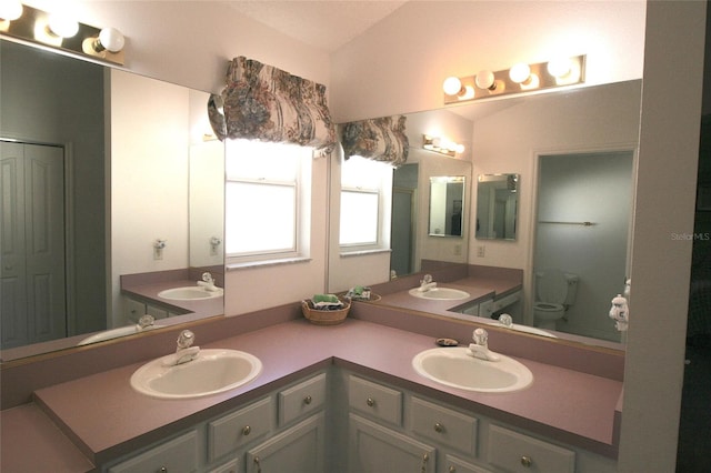 bathroom featuring vanity, toilet, and vaulted ceiling