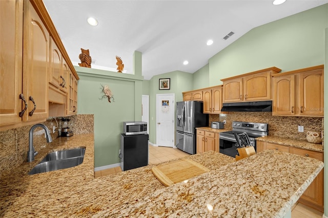 kitchen featuring stainless steel appliances, sink, kitchen peninsula, high vaulted ceiling, and decorative backsplash