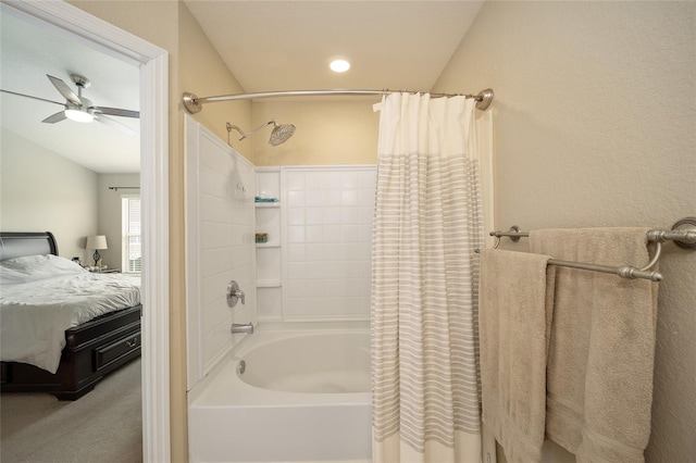 bathroom featuring shower / bath combo with shower curtain and ceiling fan