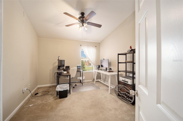 office space featuring ceiling fan and carpet flooring