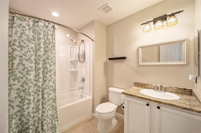 full bathroom featuring tile patterned floors, shower / bathtub combination with curtain, toilet, and vanity