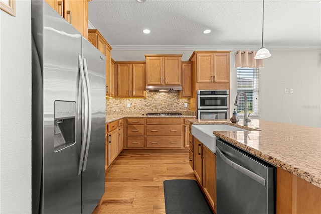 kitchen with sink, stainless steel appliances, decorative light fixtures, decorative backsplash, and ornamental molding