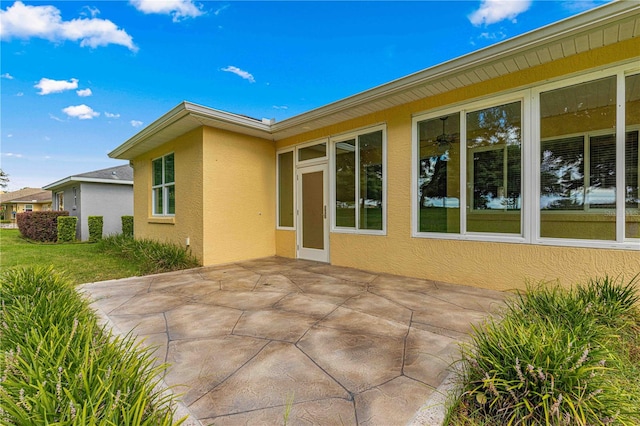 back of house featuring a patio, a lawn, and stucco siding