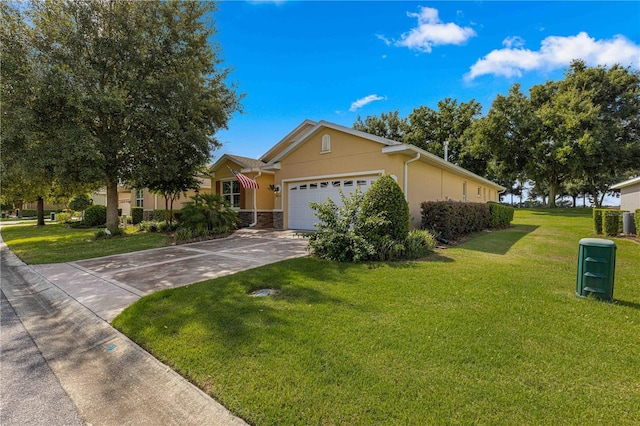 ranch-style house featuring stucco siding, concrete driveway, an attached garage, stone siding, and a front lawn