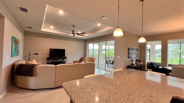 living room featuring plenty of natural light, ceiling fan, and a raised ceiling