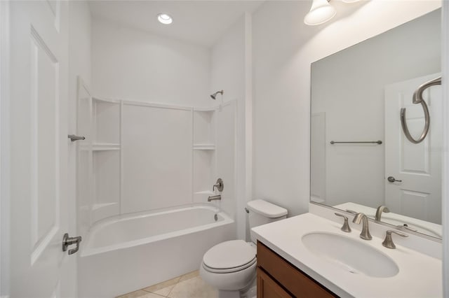 full bathroom with shower / washtub combination, vanity, toilet, and tile patterned floors