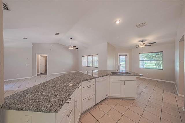 kitchen featuring dishwasher, ceiling fan, sink, and white cabinets