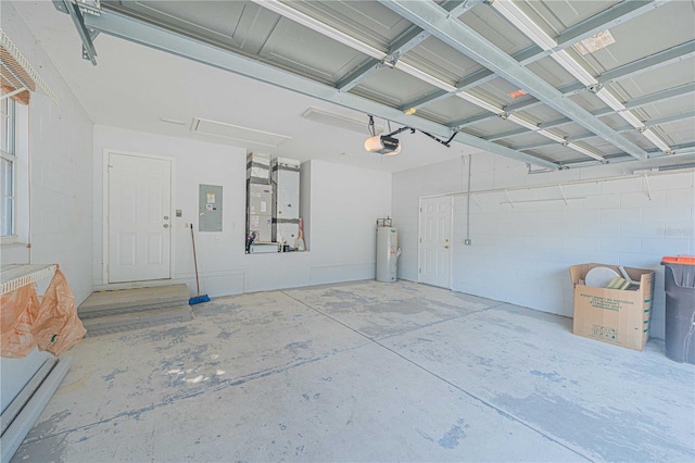 garage with water heater, heating unit, electric panel, and a garage door opener