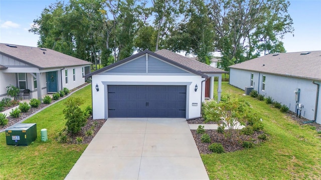 ranch-style home with a front lawn and central AC unit