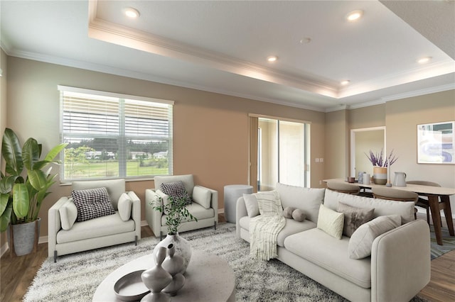 living area with recessed lighting, a tray ceiling, wood finished floors, and ornamental molding