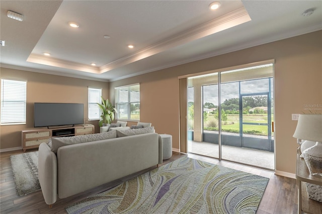 living area with ornamental molding, a raised ceiling, baseboards, and wood finished floors