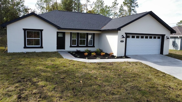 ranch-style house featuring a garage and a front lawn