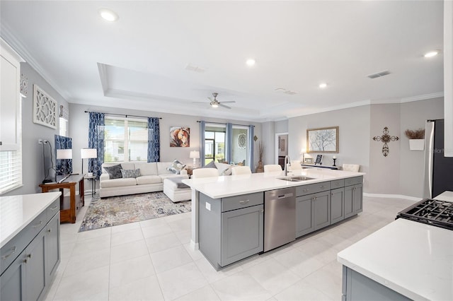 kitchen with visible vents, stainless steel appliances, a sink, and a raised ceiling