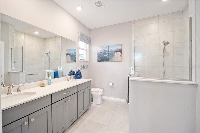 full bathroom with a walk in shower, tile patterned flooring, a sink, and visible vents