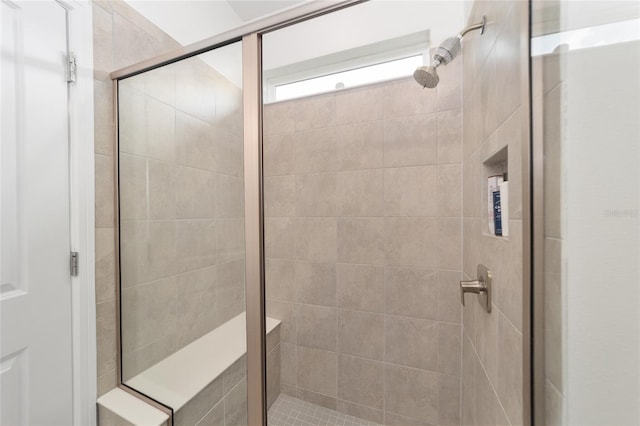 bathroom featuring a shower with door