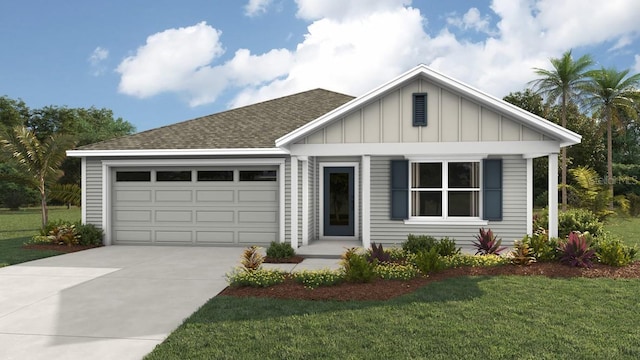 17145 NW 177th Way, Alachua, FL 32615 - view of front of house with driveway, roof with shingles, an attached garage, a front lawn, and board and batten siding