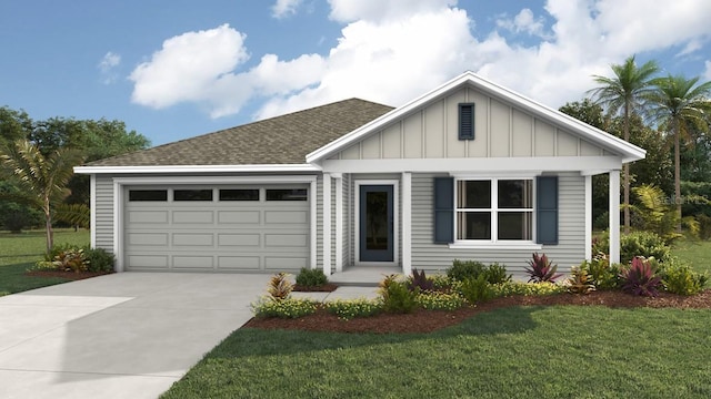 view of front of house with driveway, roof with shingles, an attached garage, a front lawn, and board and batten siding