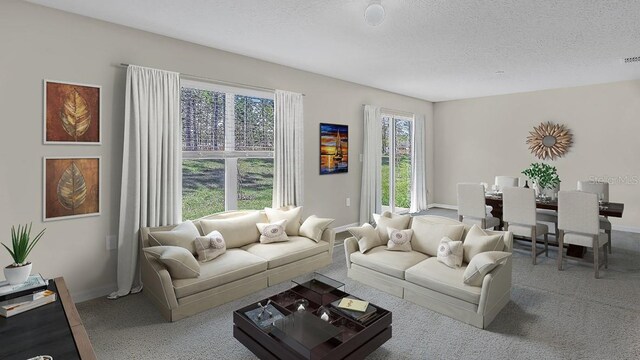 carpeted living room featuring a textured ceiling and plenty of natural light