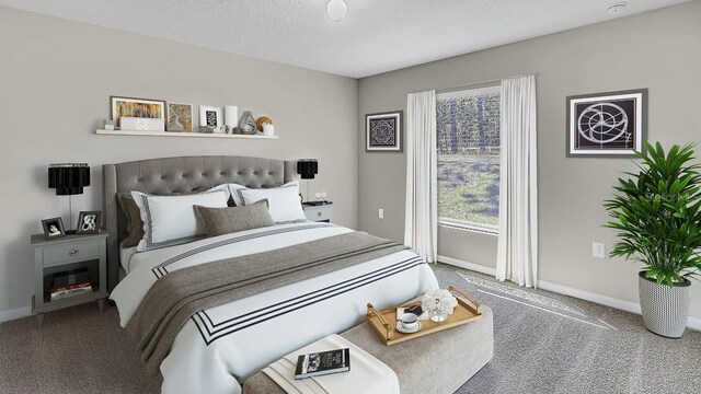 carpeted bedroom with a textured ceiling