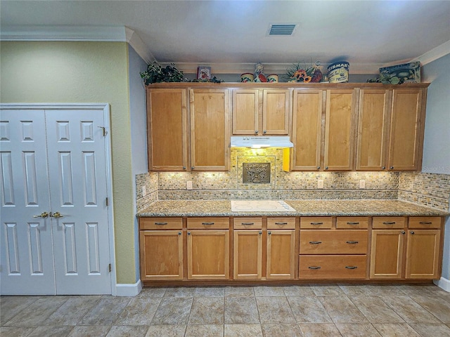 kitchen with light stone counters, decorative backsplash, and ornamental molding