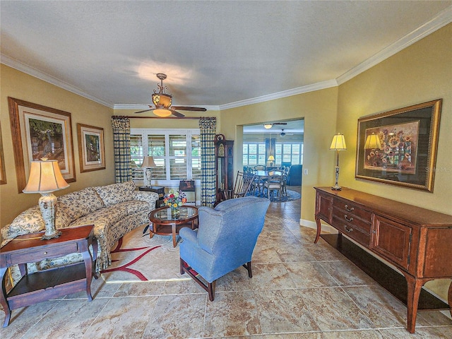 living room with a textured ceiling, crown molding, and ceiling fan