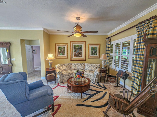 living room featuring ornamental molding, a textured ceiling, and ceiling fan