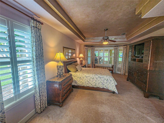 carpeted bedroom featuring a raised ceiling and ceiling fan