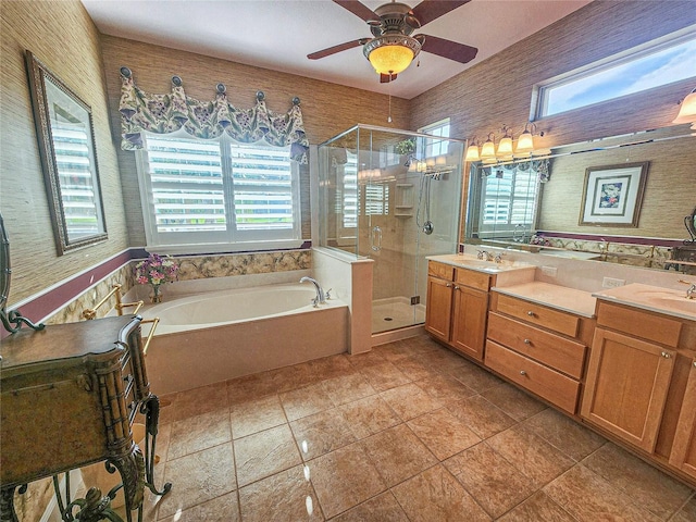 bathroom with vanity, separate shower and tub, tile patterned floors, and ceiling fan