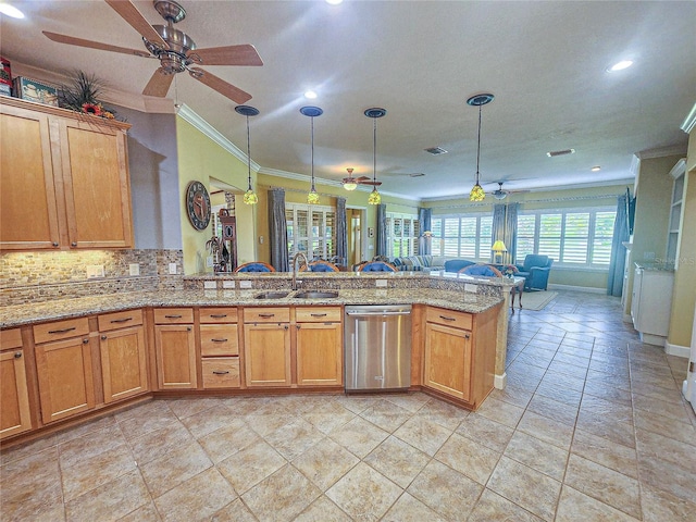 kitchen with dishwasher, crown molding, sink, and ceiling fan