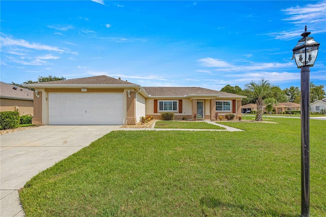 single story home featuring a front yard and a garage