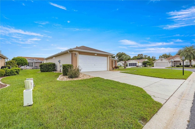 single story home featuring a front lawn and a garage