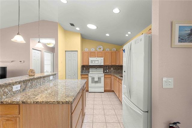 kitchen with pendant lighting, lofted ceiling, white appliances, backsplash, and light stone countertops