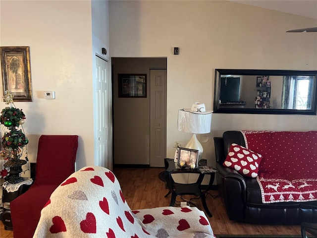 living room with hardwood / wood-style flooring and lofted ceiling