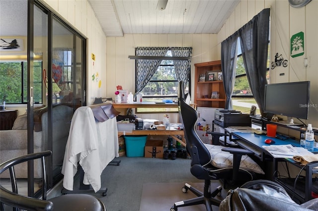 office area with wooden walls, carpet, and wooden ceiling