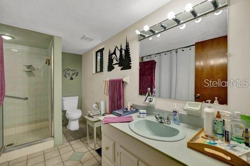 bathroom featuring tile patterned floors, a shower with shower door, toilet, and vanity