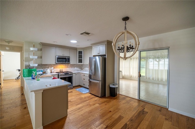 kitchen with decorative light fixtures, kitchen peninsula, decorative backsplash, appliances with stainless steel finishes, and light hardwood / wood-style floors