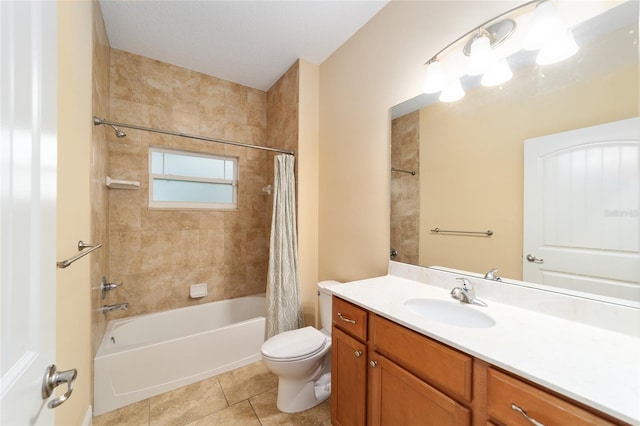 full bathroom with vanity, toilet, shower / tub combo with curtain, and tile patterned floors