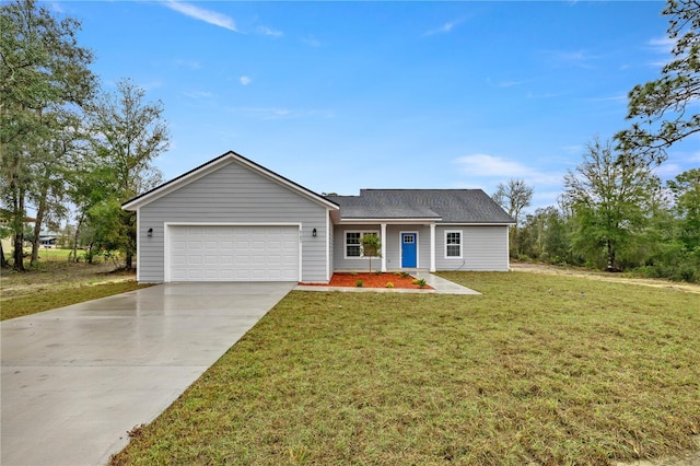 ranch-style home featuring a garage, concrete driveway, and a front lawn