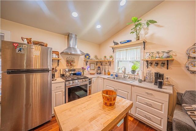 kitchen with vaulted ceiling, appliances with stainless steel finishes, sink, wall chimney range hood, and dark hardwood / wood-style floors