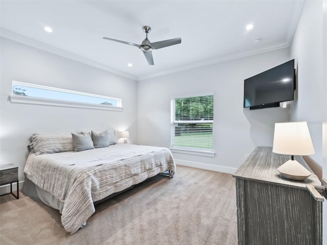 bedroom with ornamental molding, light carpet, and ceiling fan